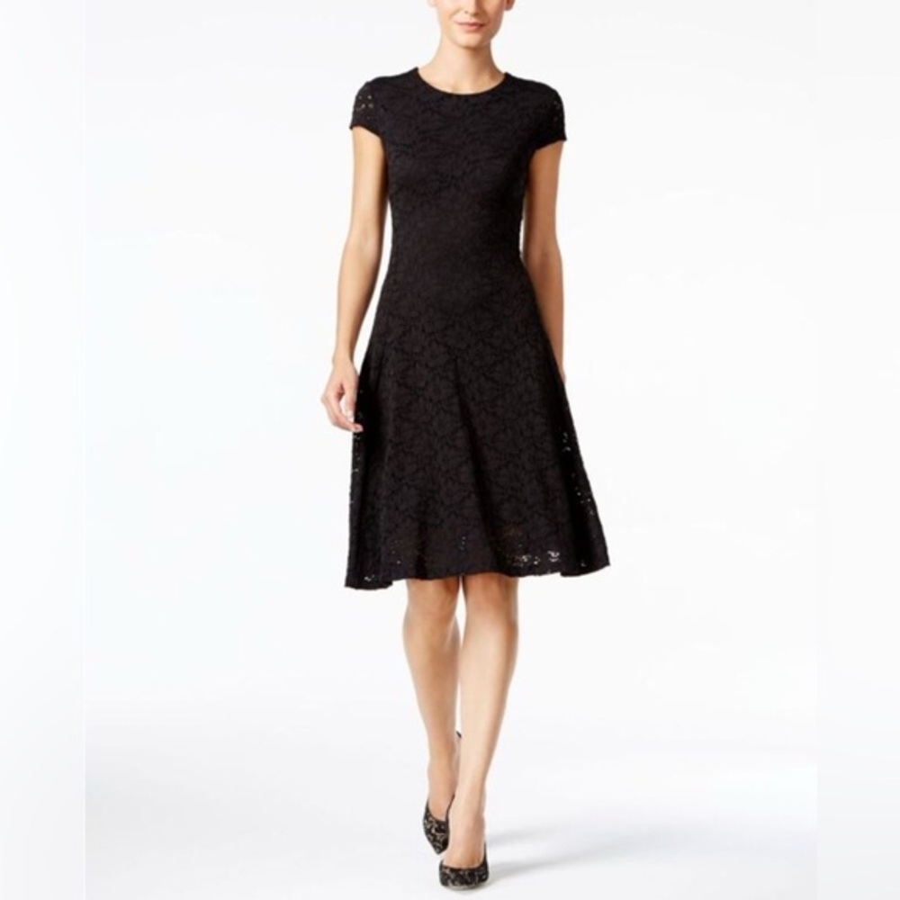 NWT Alfani Black Lace Fit and Flare Dress; Floral Lace Length Easy Wear 10